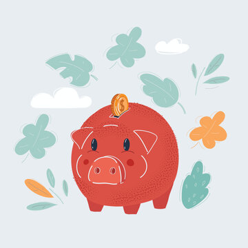 Vector illustration of piggy bank and money on white background.