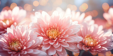 Close-up of chrysanthemum flowers in pink tones with a backdrop of soft lights, ideal for creating a romantic and elegant atmosphere. - obrazy, fototapety, plakaty