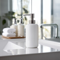 Fototapeta na wymiar Soap bottle in blank white color, on the bath room