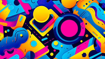 Colorful 90s art collage with bold abstract shapes and colors. For wall art, covers, interior decoration, and backgrounds.