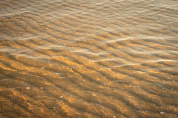 Background texture of sea sand in shallow water. Selective focus.