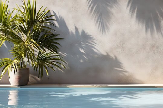 Tropical summer background with concrete wall, pool water and palm leaf shadow