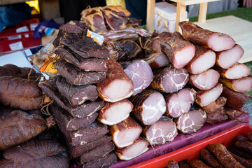 Serbian cured meat and prosciutto assortment on the traditional meat food market Serbia