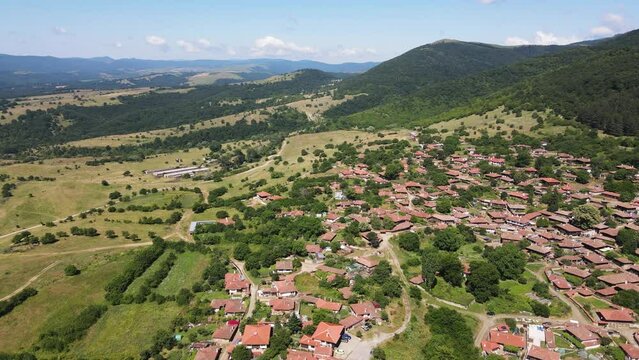 Aerial view of village of Zheravna with nineteenth century houses, Sliven Region, Bulgaria