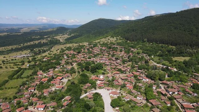 Aerial view of village of Zheravna with nineteenth century houses, Sliven Region, Bulgaria