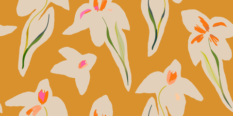 Modern abstract flowers collage pattern. Warm colours bright contemporary print. Fashionable template for design. 