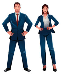 Well dressed businessman and businesswoman standing proudly with hands on hips. Representation of authority, determination, strong business persona, professionalism, and leadership