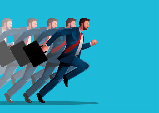 Illustration featuring a determined businessman in a suit, running with briefcase in hand. Representation of speed, urgency, essence of drive, ambition, professional agility, and the thriving business