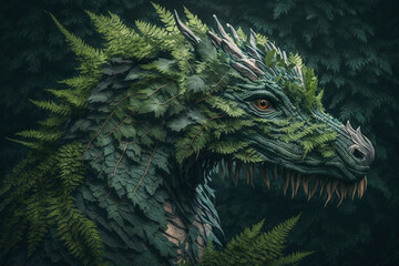 Ancient forest dragon covered with green plants generative ai