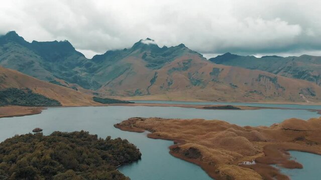 Aerial Panning Shot of the Beautiful Landscapes of Lagunas de Atillo in Ecuador, South America.
