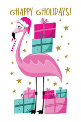 Happy Holidays - flamingo in Santa hat, and with candy cane, and Christmas presents. Good for T shirt print, greeting card, poster, label, and other decoration.