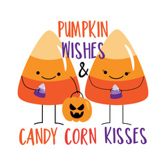 Pumpkin wishes and candy corn kisses - funny quote with cute candy corn and Jack o lantern. Good for baby clothes, T shirt print, poster, card, label, and other decoraton for Halloween.