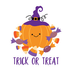 Trick or treat - cute pumpkin in witch hat and with candies. Good for baby clothes, poster, card, label, and other decoration for Halloween.