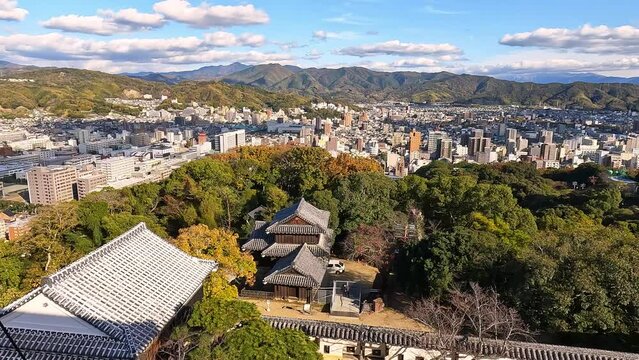 View from the castle towers ont the yard an roofs of Matsuyama Castle, Shikoku, Ehime, Japan. Beautiful blue sky
