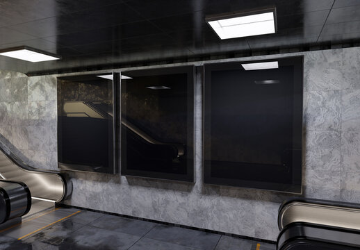 Three blank billboards on underground subway wall Mockup. Hoardings advertising triptych on train station interior 3D rendering