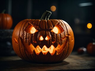 Smiling Anthropomorphic Face and Illuminated Jack-O-Lantern in Night-Time Autumn Celebration