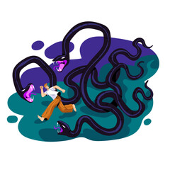 Man run away from snakes in dream concept. People sleep, person afraid unreal reptile, fantastic viper in nightmare. Dreamer suffer, fear in imagination. Flat isolated vector illustration on white