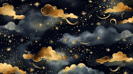 seamless pattern of the night sky with golden clouds