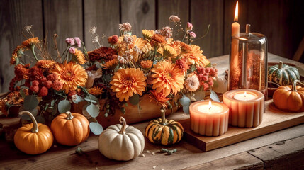 Fototapeta na wymiar seasonal wood table with pumpkins and flowers