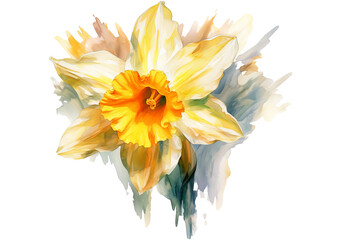 Watercolor yellow Daffodils with green leaves on transparent background
