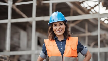 Photo of a women construction worker smiling at construction site