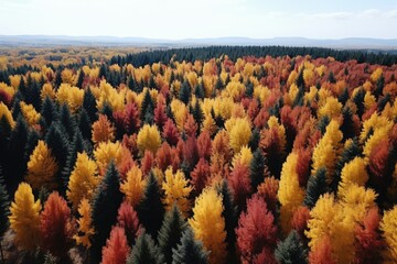 Fototapeta na wymiar Aerial top view autumn forest with green, red and yellow trees, drone photo