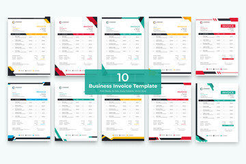 abstract style business invoice Bundle. 10 Creative Invoice Template Paper Sheet Include Accounting, Price, Tax, and Quantity. With color variation Vector illustration of Finance