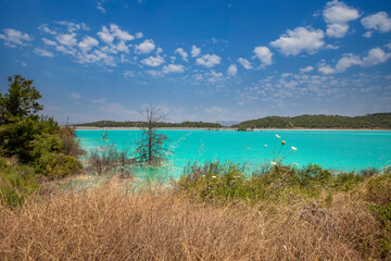 Blue pond (Ash pond) consisting of burned coal ashes in the thermal power plant in the Yatagan district of Mugla province
