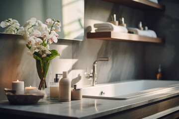 Modern Bathroom with Accessories - Demestic Design, Blurred Soft Focus Background - AI Generated