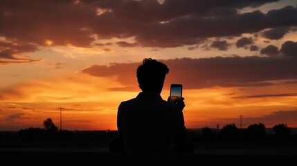 A silhouette of an unidentified man sitting and gazing at a camera screen while holding a camera at sunset in the summer while admiring the lovely orange sky and dark clouds