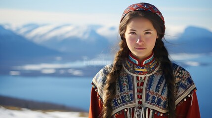 A Sami woman in traditional clothing from northern Norway. Lapland in Troms - obrazy, fototapety, plakaty
