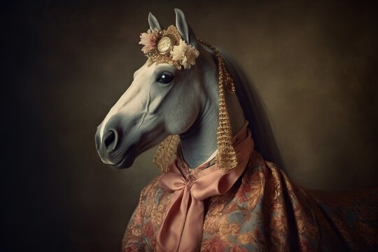 Studio photo portrait of unicorn dressed in 19th century