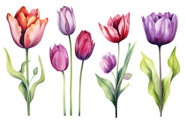 Watercolor image of a set of tulip flowers on a white background - obrazy, fototapety, plakaty