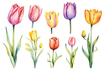Watercolor image of a set of tulip flowers on a white background