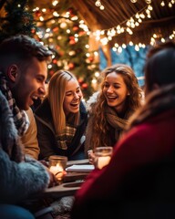 Teenagers Enjoying Christmas Market Festivities. Generative ai