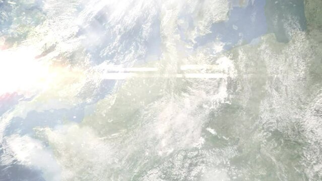 Zoom in from space and focus on Rietberg, Germany. 3D Animation. Background for travel intro. Elements of this image furnished by NASA	