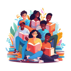 Young modern people reading books together. Cartoon vector illustration.