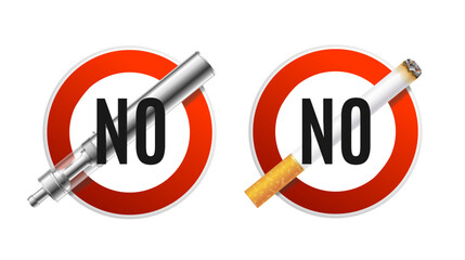 Realistic Detailed 3d No Smoking and Vaping Forbiddance Concept Set Stop Sign with Cigarette and E-cigarette. Vector illustration - 643549074