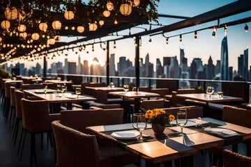 With tables and seats overlooking the cityscape and surrounding skylines, a restaurant's roof terrace. superior photograph Generative AI