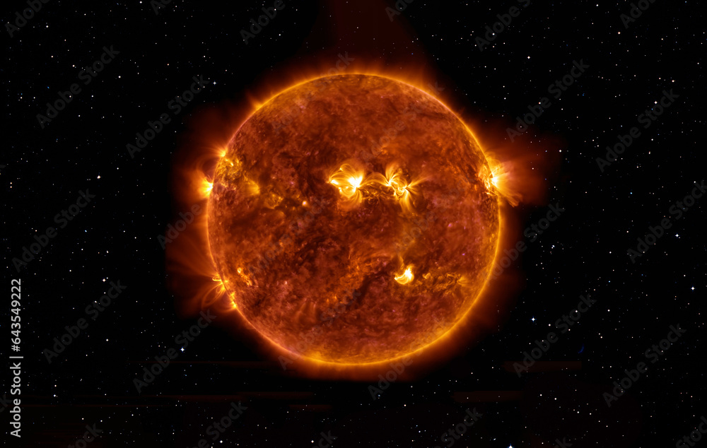 Poster our star with magnetic storms. plasma flash on the surface of a our star 