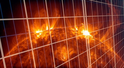 Solar panel with our star sun orange abstract background photovoltaic renewable sources green...