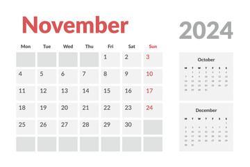 Calendar Template of november 2024. Vector layout simple calendar with week start Monday.