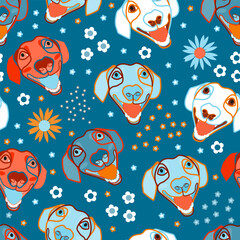 Bright white seamless pattern with the image of multicolored dogs faces with a protruding tongue and a smile