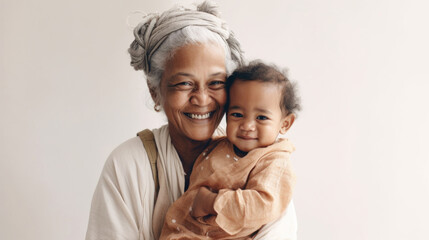 Smiles all around in a studio picture of a senior woman and her grandchild. Generative AI