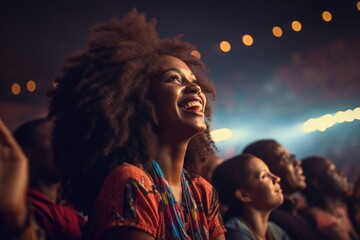 African Woman Attending A Live Concert. Сoncept Experience Of An African Woman At A Concert,...
