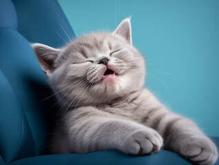 Portrait of a cute British Shorthair kitten napping on a couch over a bright blue pastel studio backdrop