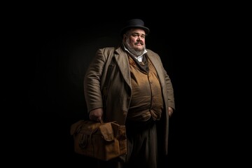Overweight Man Going To A Museum On Black Background