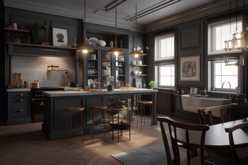 Fototapeta na wymiar Classic style kitchen interior in luxury house.