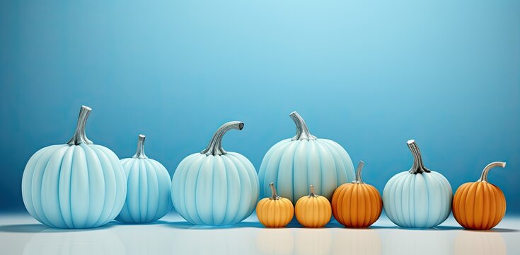 White and orange pumpkins on a blue background. Generative AI
