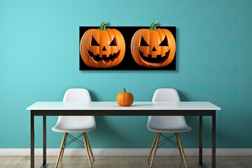 Colored pumpkins on a wooden surface and blue background. Generative AI